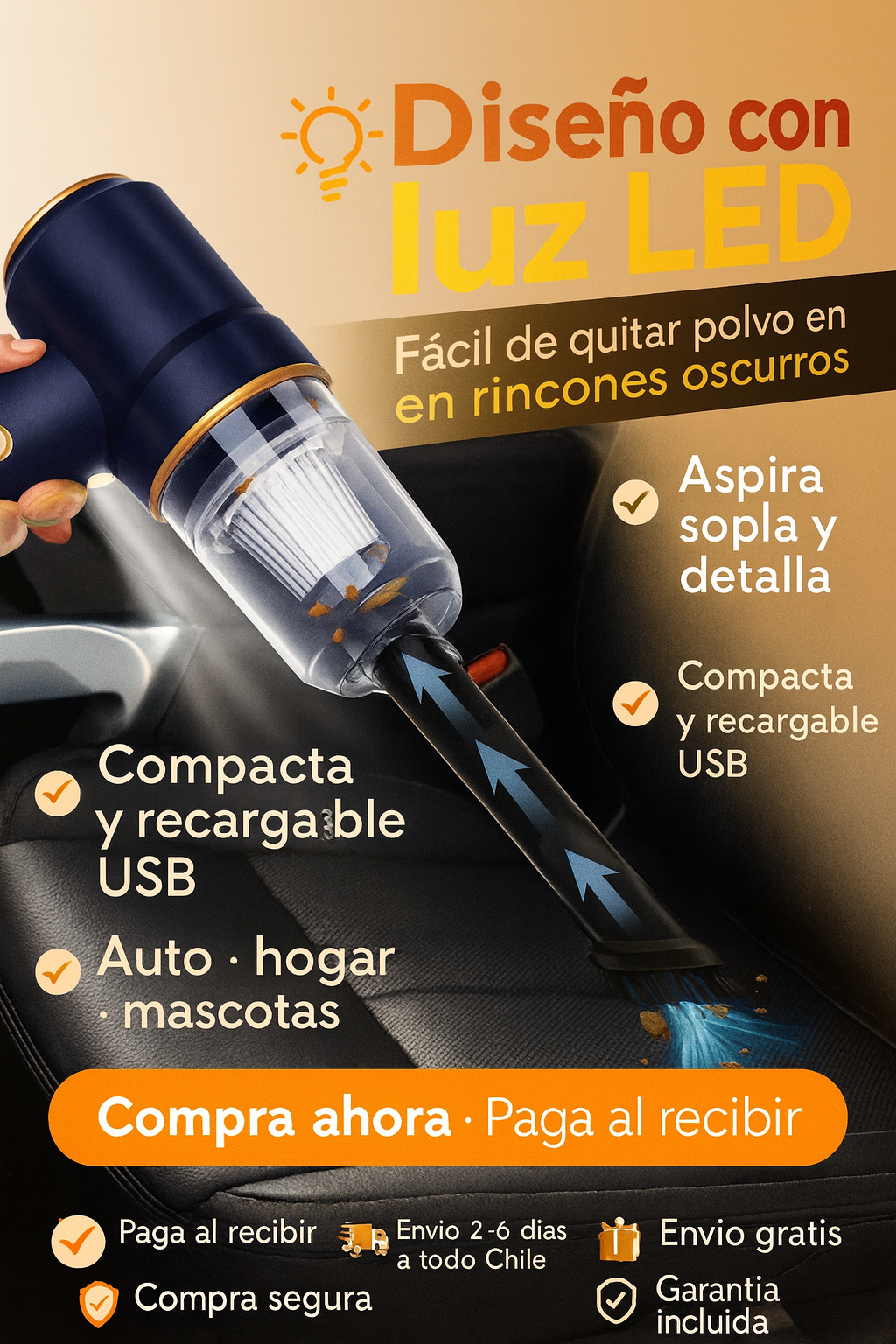 TurboClean Pocket™ Mini Aspiradora 3 en 1 Auto y Hogar